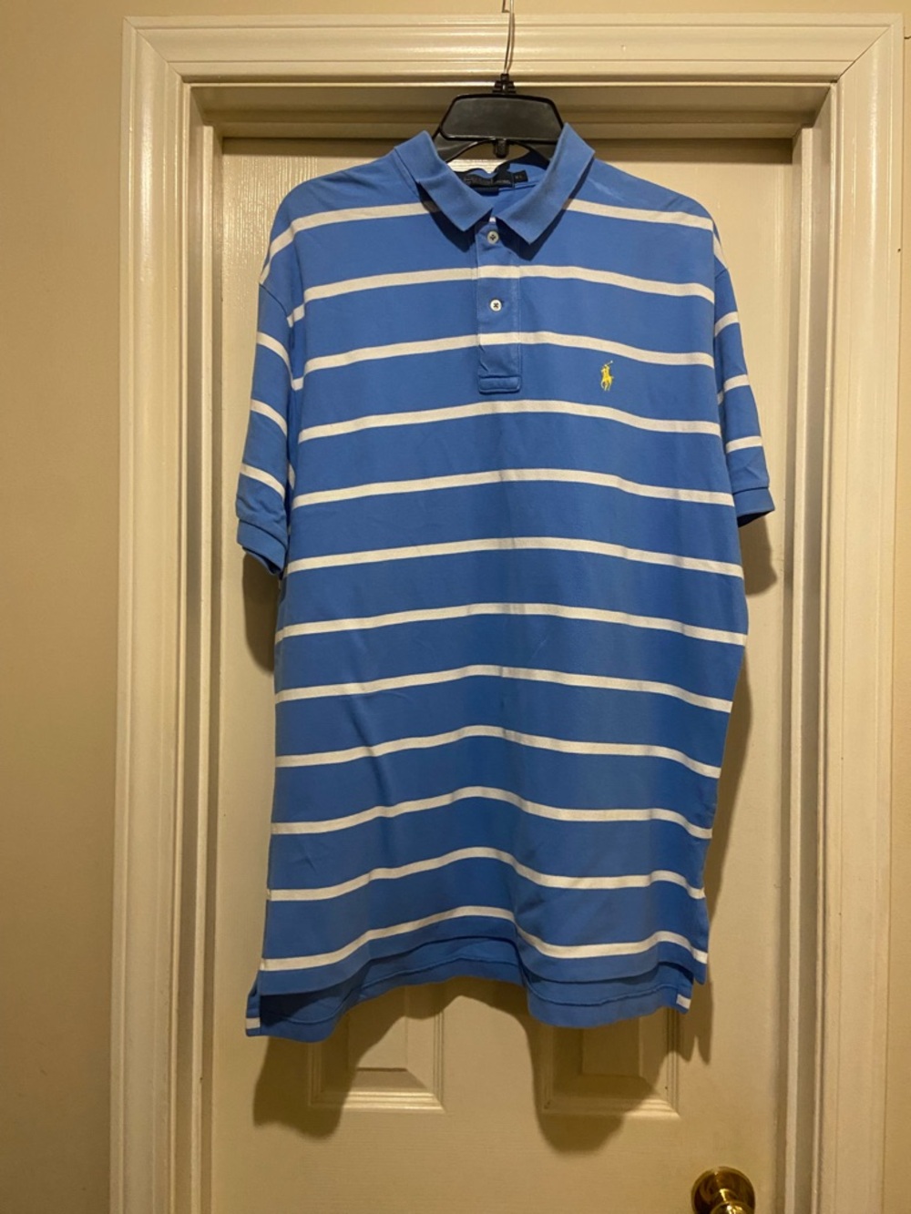 Ralph Lauren Blue and White Striped Polo with Yellow Pony